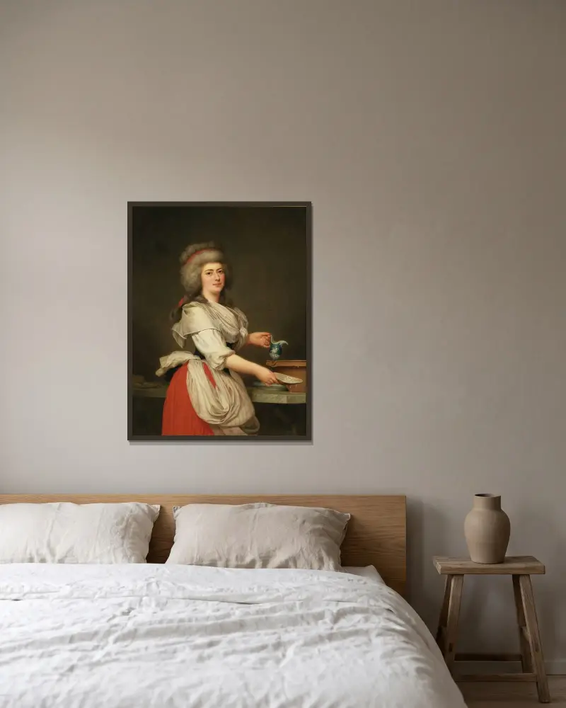 Madame A. Aughié, väninna till drottning Marie Antoinette, som mejerska i det kungliga mejeriet på Trianon av Adolf Ulrik Wertmüller inramad på en vägg