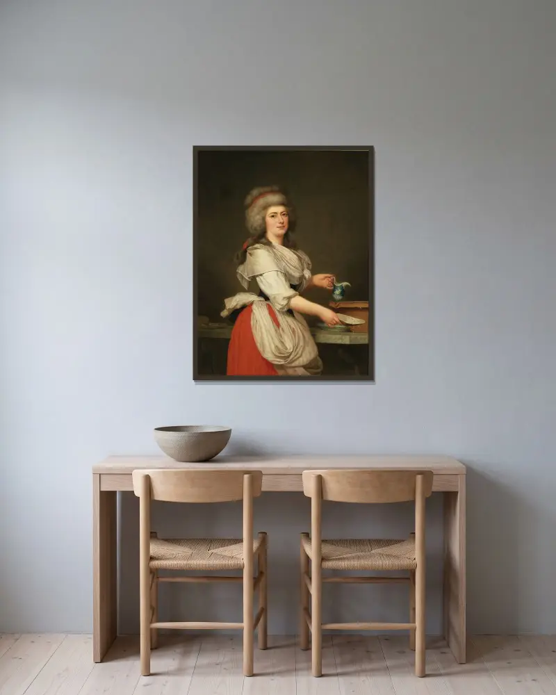 Madame A. Aughié, väninna till drottning Marie Antoinette, som mejerska i det kungliga mejeriet på Trianon av Adolf Ulrik Wertmüller inramad på en vägg