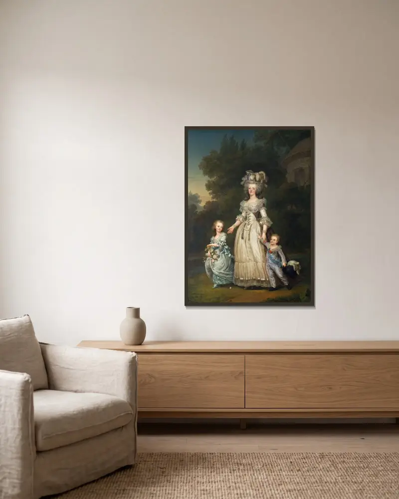 Drottning Marie Antoinette av Frankrike och två av hennes barn på promenad i Trianons park av Adolf Ulrik Wertmüller inramad på en vägg