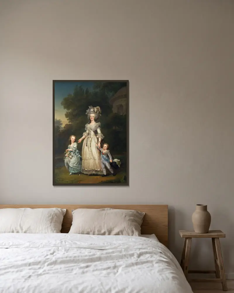 Drottning Marie Antoinette av Frankrike och två av hennes barn på promenad i Trianons park av Adolf Ulrik Wertmüller inramad på en vägg