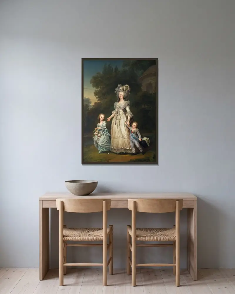 Drottning Marie Antoinette av Frankrike och två av hennes barn på promenad i Trianons park av Adolf Ulrik Wertmüller inramad på en vägg