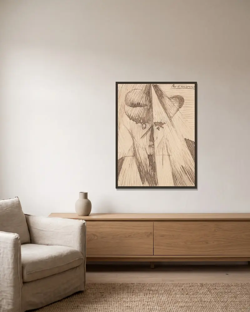 Hlava proti světlu (umělcova sestra), Umberto Boccioni v rámu na stěně