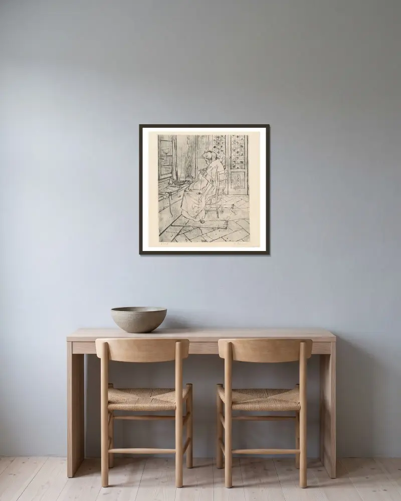Min mor som arbetar av Umberto Boccioni inramad på en vägg