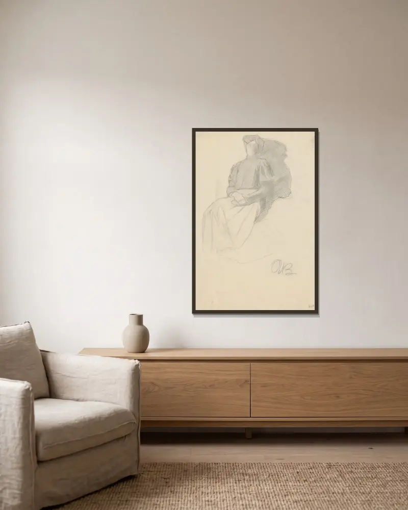 Sittande kvinna i mörk blus av Umberto Boccioni inramad på en vägg