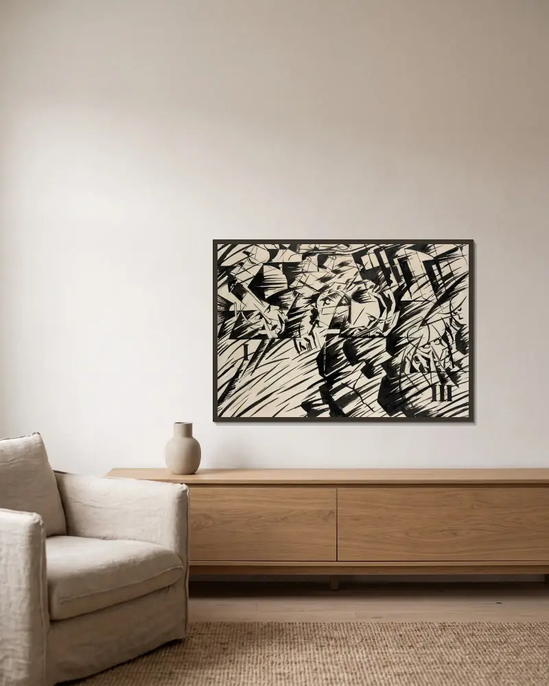 Sinnestillstånd, de som går av Umberto Boccioni inramad på en vägg