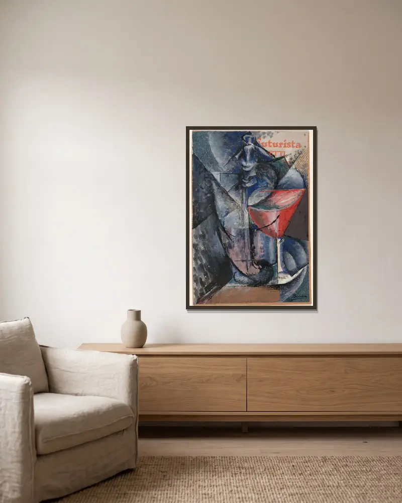 Stilleben; glas och sifon av Umberto Boccioni inramad på en vägg