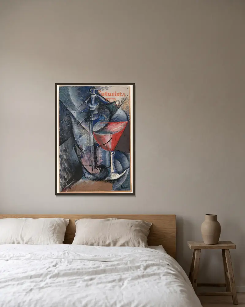 Stilleben; glas och sifon av Umberto Boccioni inramad på en vägg