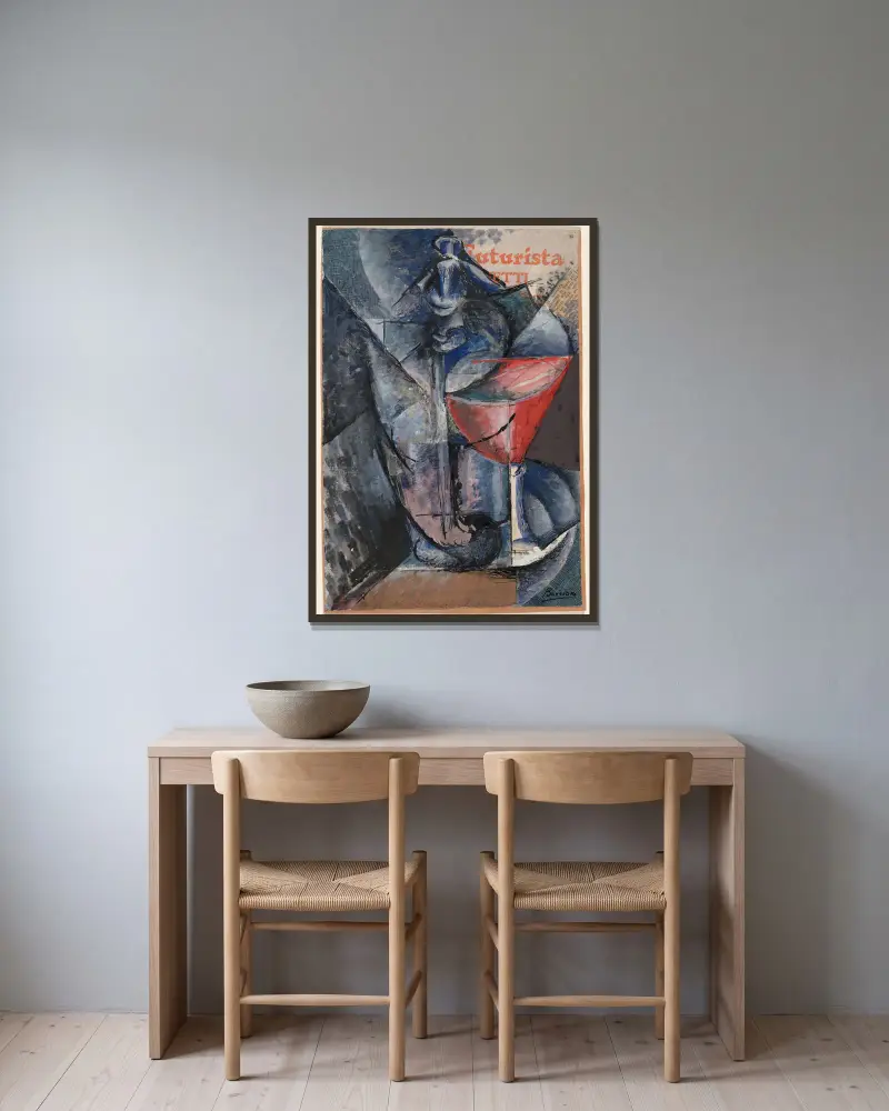 Stilleben; glas och sifon av Umberto Boccioni inramad på en vägg
