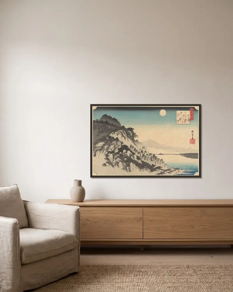 Höstmåne vid Ishiyama (Ishiyama no shûgetsu) av Utagawa Hiroshige inramad på en vägg