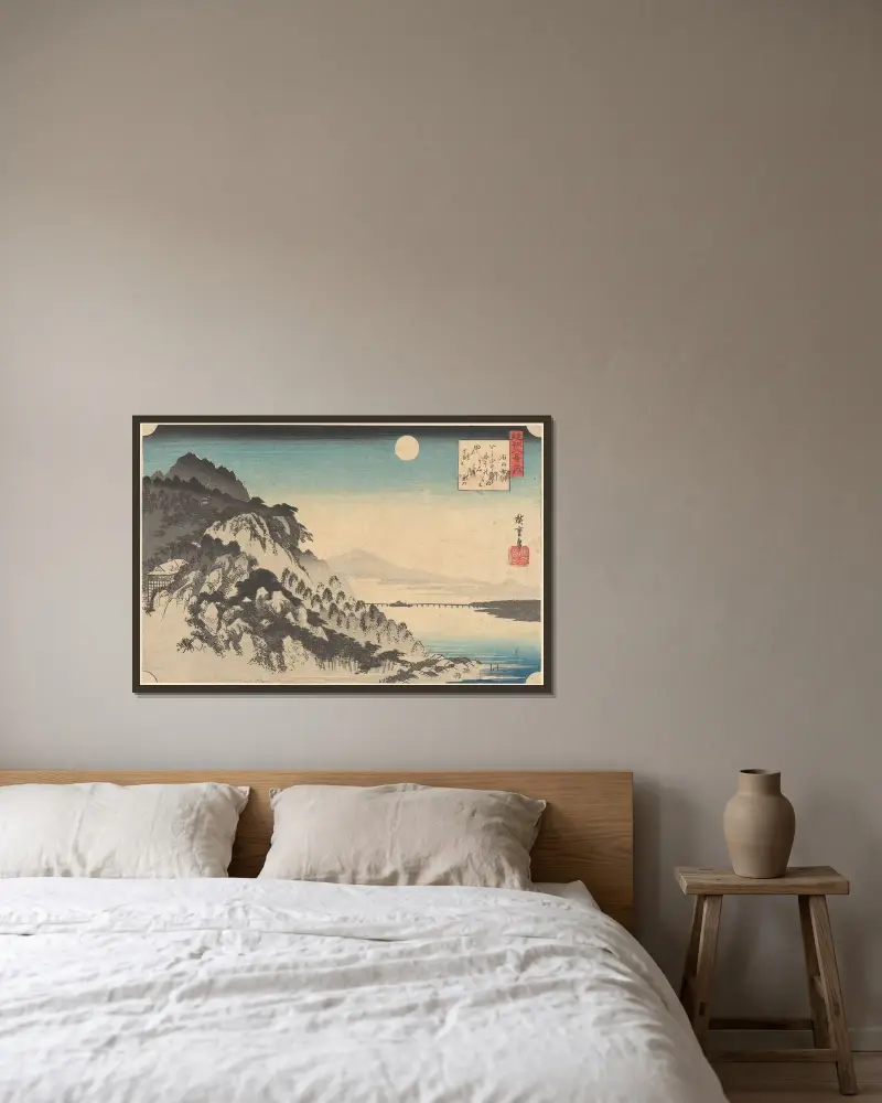 Höstmåne vid Ishiyama (Ishiyama no shûgetsu) av Utagawa Hiroshige inramad på en vägg
