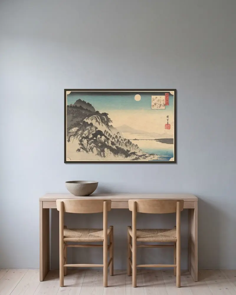 Höstmåne vid Ishiyama (Ishiyama no shûgetsu) av Utagawa Hiroshige inramad på en vägg