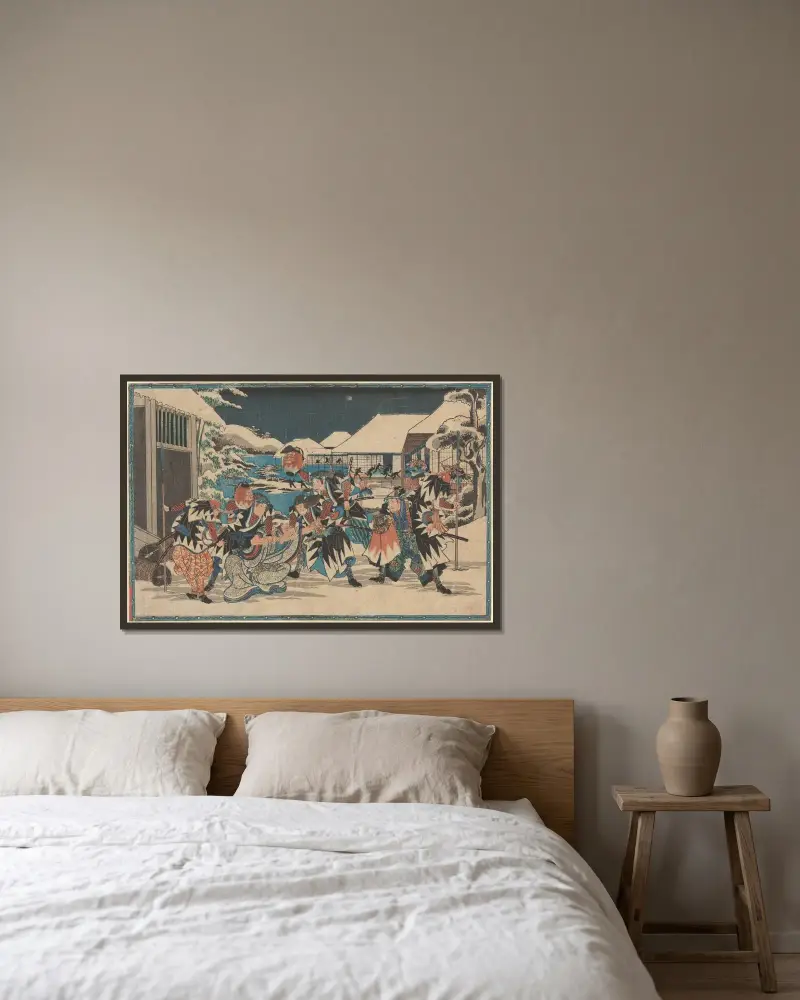 Tillfångatagandet av Moronao i snö av Utagawa Hiroshige inramad på en vägg