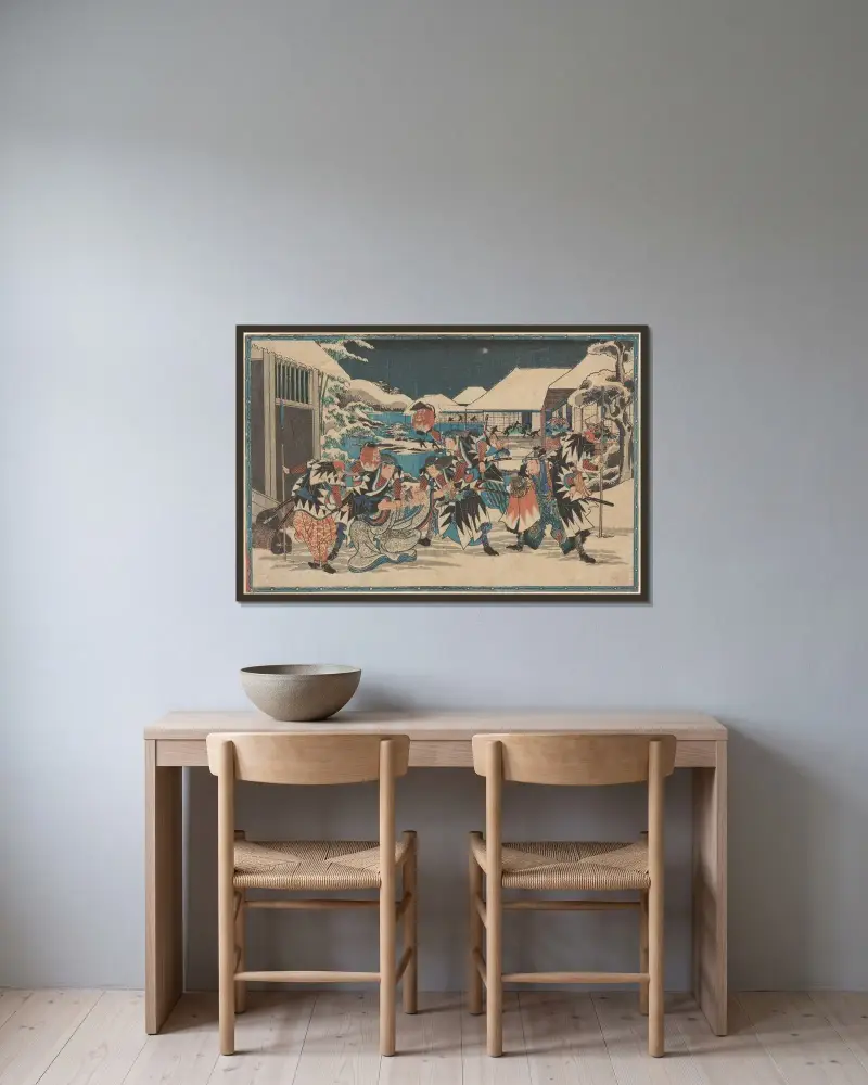 Tillfångatagandet av Moronao i snö av Utagawa Hiroshige inramad på en vägg