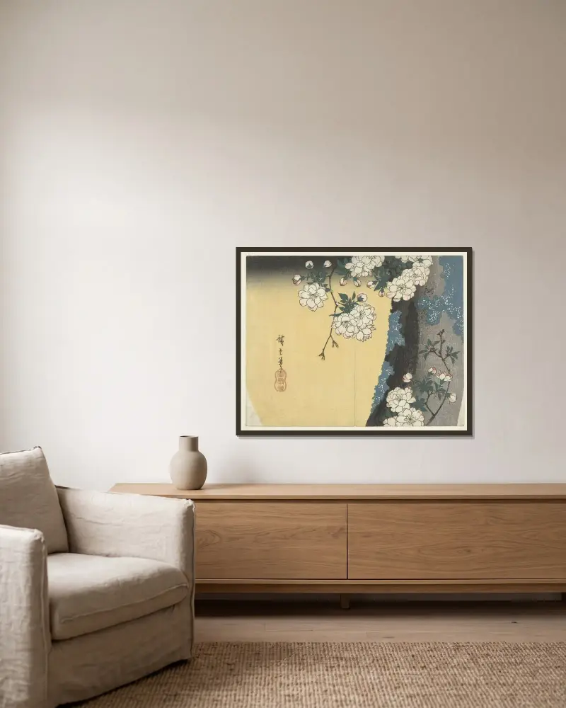 Cherry blossoms on a tree trunk av Utagawa Hiroshige inramad på en vägg