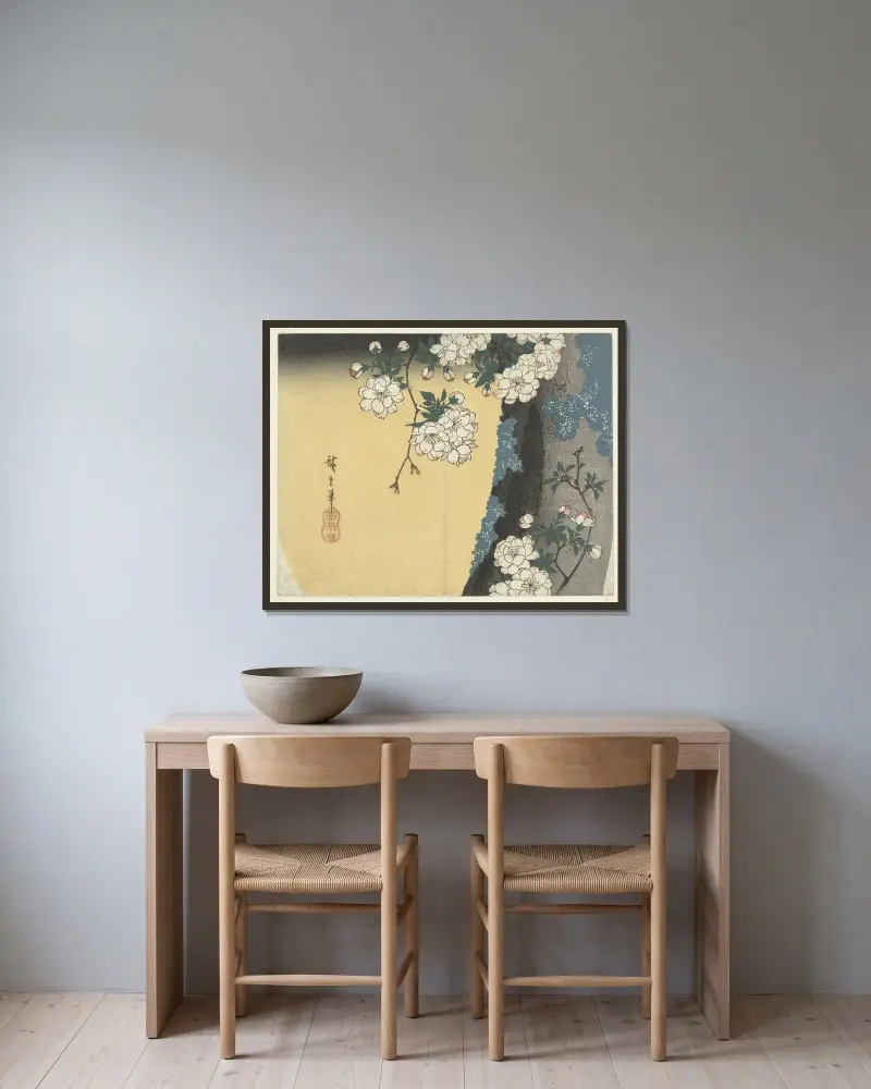 Cherry blossoms on a tree trunk av Utagawa Hiroshige inramad på en vägg