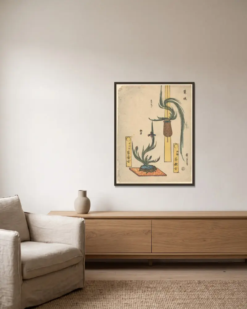 Flower Arrangements; Basket Pine and Iris in Rock Bowl av Utagawa Hiroshige inramad på en vägg