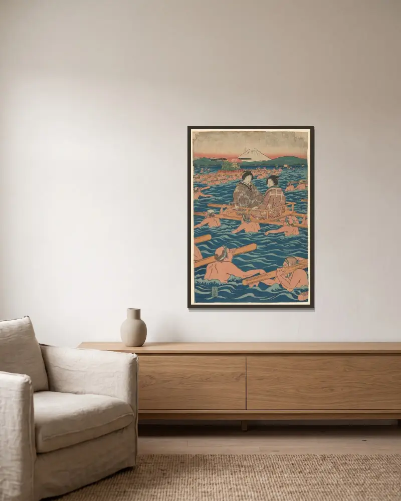 Przeprawa przez szeroką rzekę – nr 2, Utagawa Hiroshige w ramie na ścianie