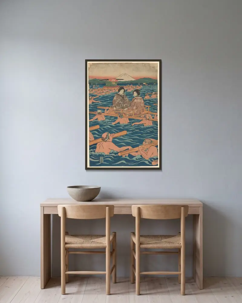 Przeprawa przez szeroką rzekę – nr 2, Utagawa Hiroshige w ramie na ścianie