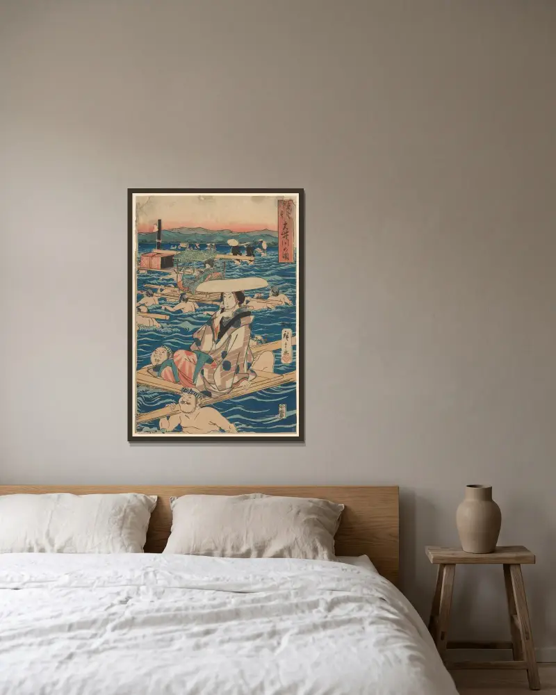 Fording a Broad River – nr 1 av Utagawa Hiroshige inramad på en vägg