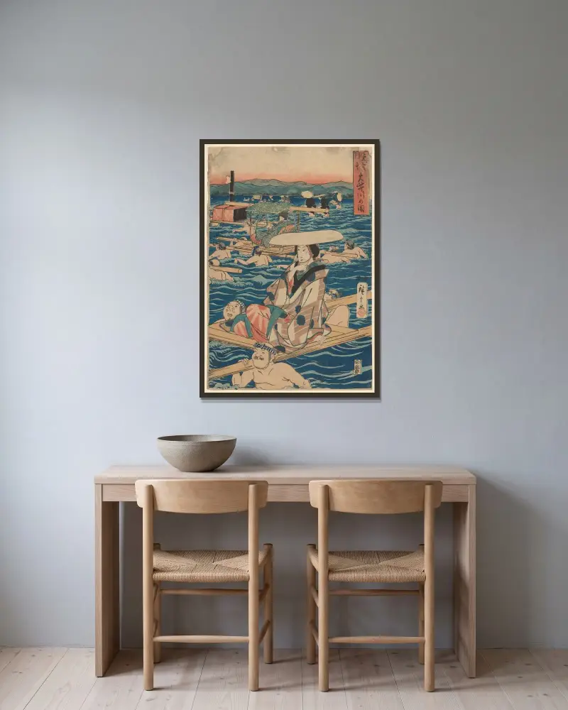 Fording a Broad River – nr 1 av Utagawa Hiroshige inramad på en vägg