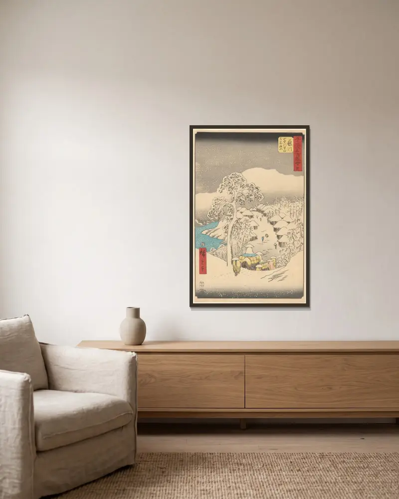 Fujikawa av Utagawa Hiroshige inramad på en vägg