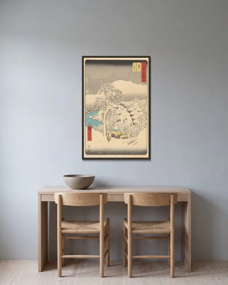 Fujikawa av Utagawa Hiroshige inramad på en vägg