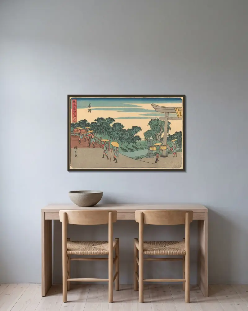 Fujisawa, 1841 av Utagawa Hiroshige inramad på en vägg