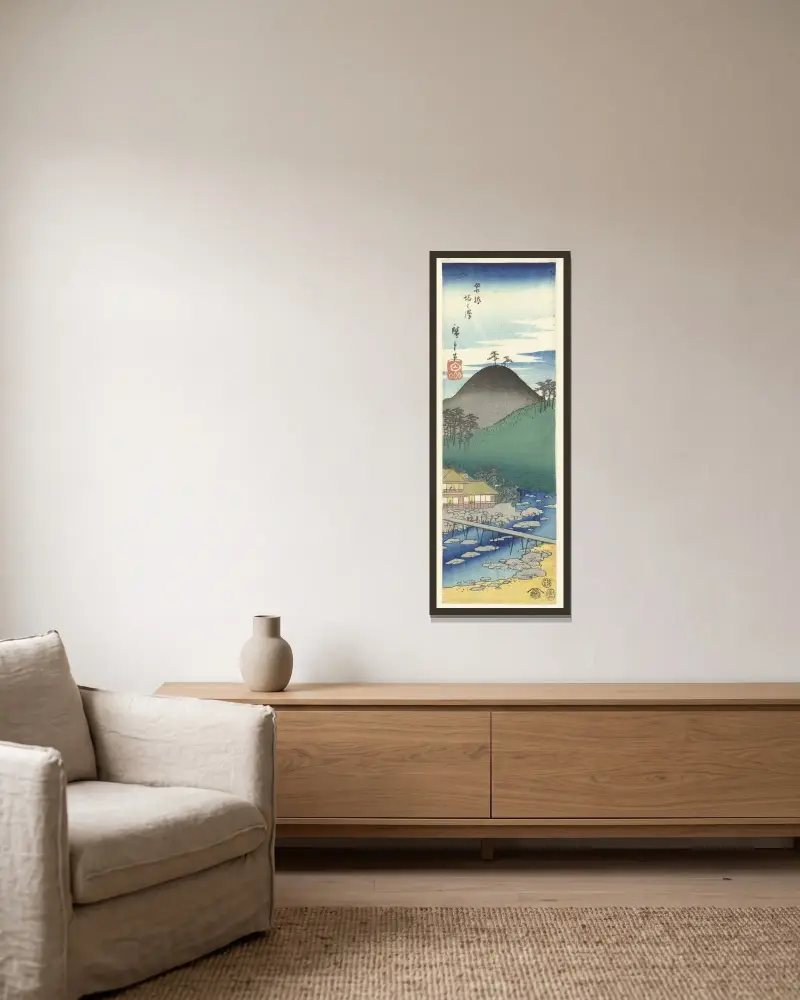 Hakone Tonosawa av Utagawa Hiroshige inramad på en vägg