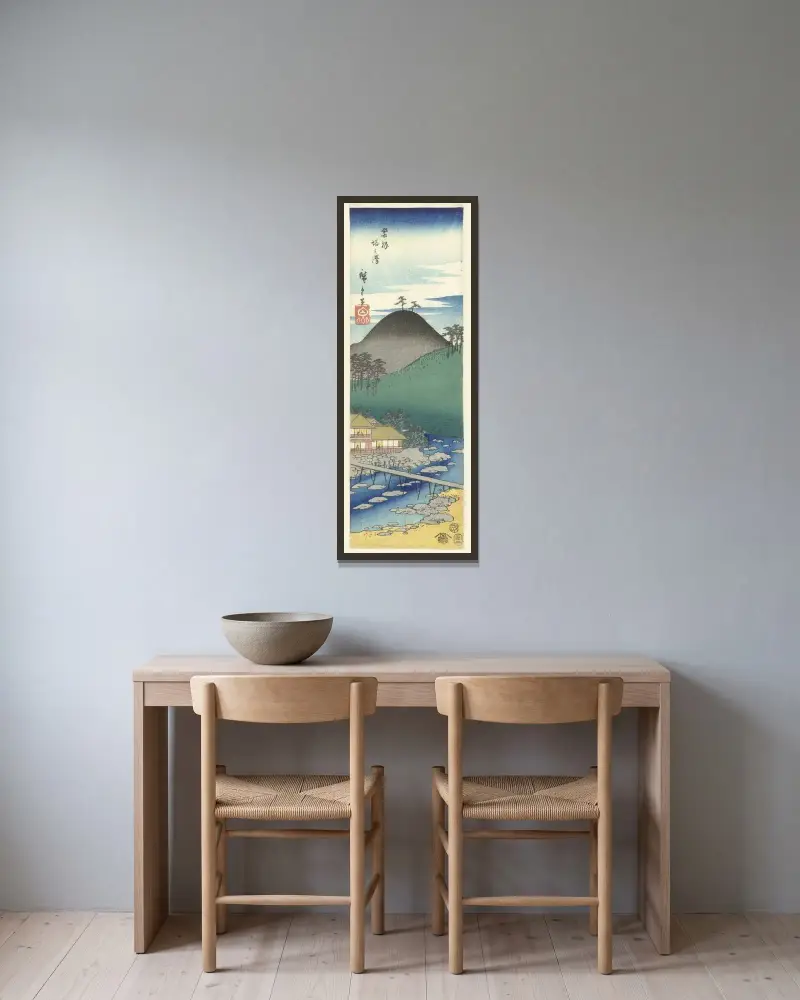 Hakone Tonosawa av Utagawa Hiroshige inramad på en vägg