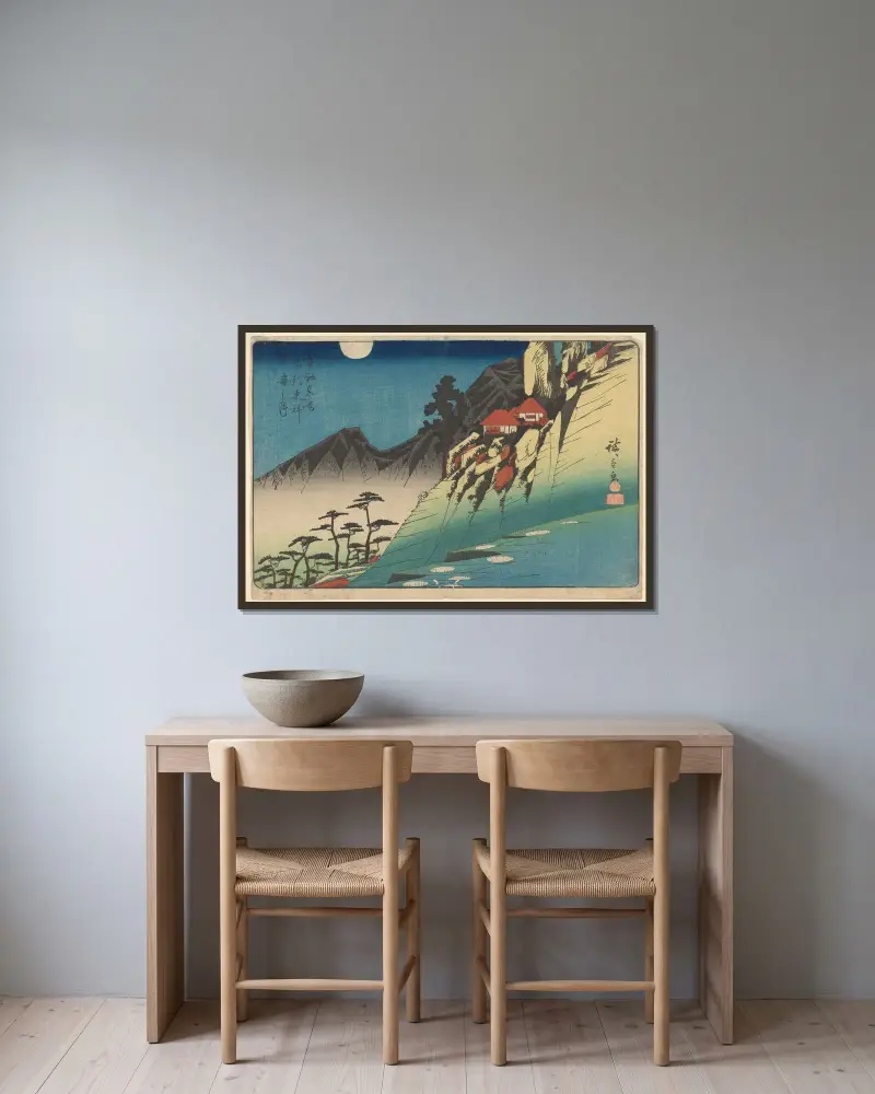 Hillside, Houses, Dark Mountains av Utagawa Hiroshige inramad på en vägg