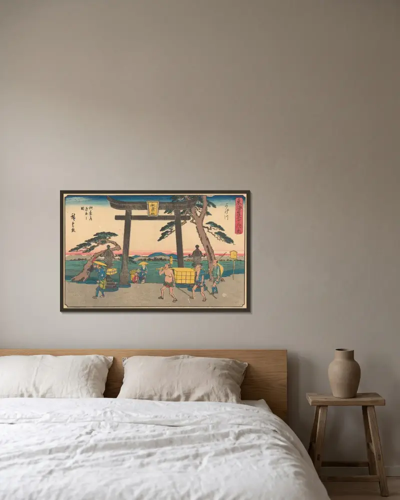 Kakegawa, 1841 av Utagawa Hiroshige inramad på en vägg
