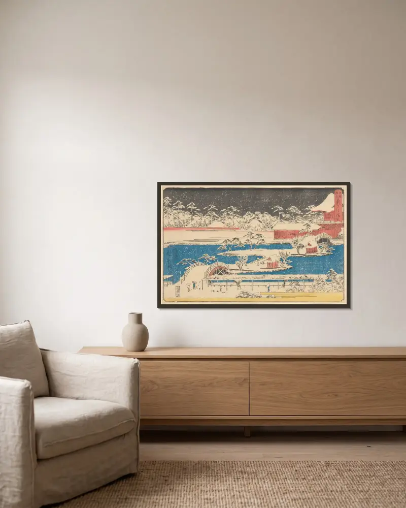 Kameido Temmangu i snö av Utagawa Hiroshige inramad på en vägg