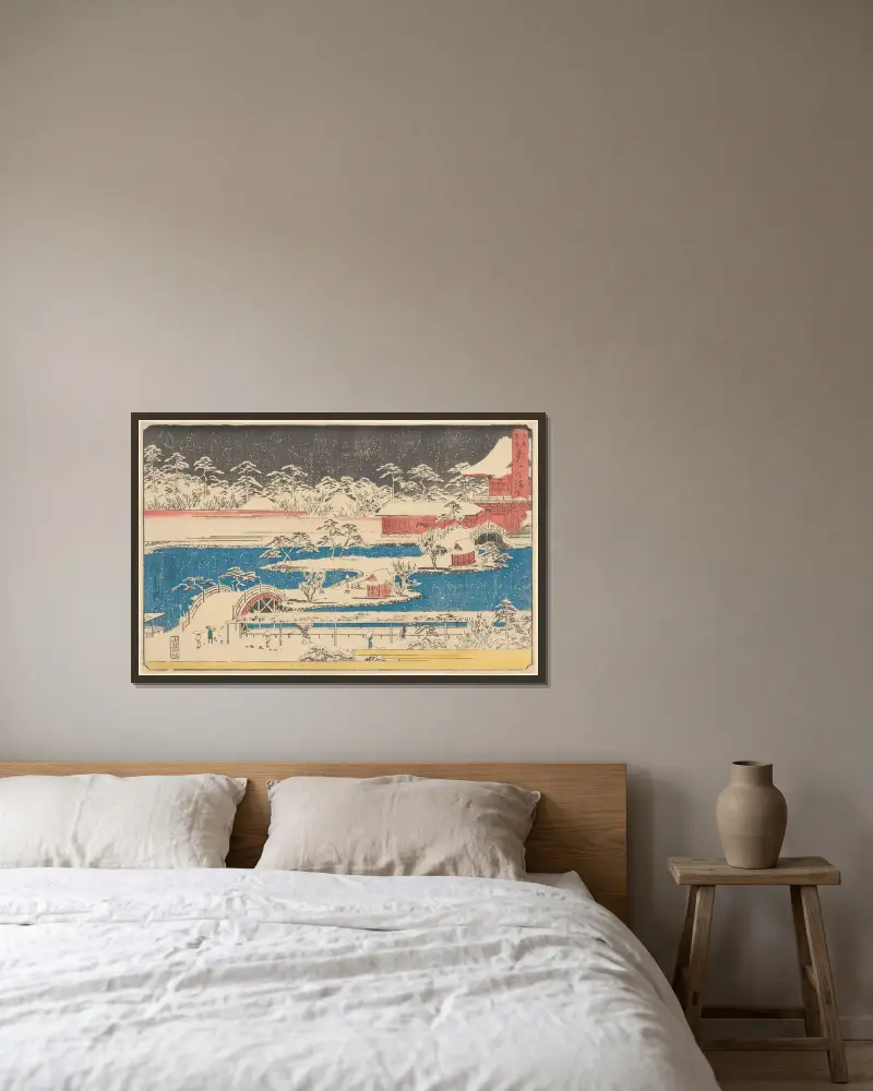 Kameido Temmangu i snö av Utagawa Hiroshige inramad på en vägg