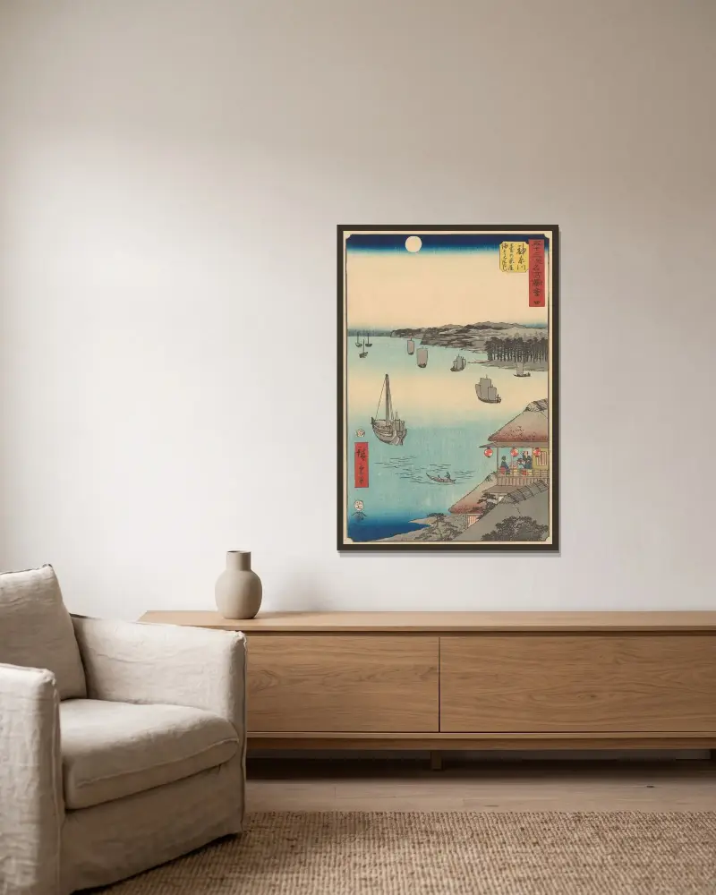 Kanagawa, 1855 av Utagawa Hiroshige inramad på en vägg