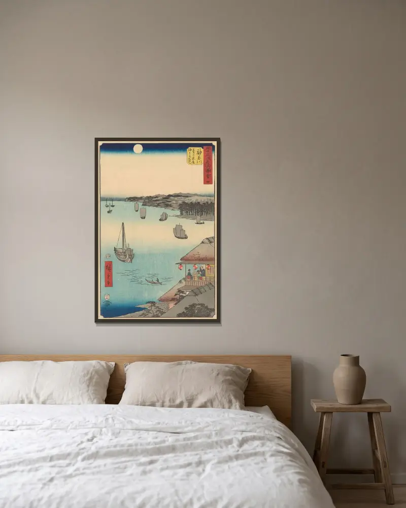 Kanagawa, 1855 av Utagawa Hiroshige inramad på en vägg