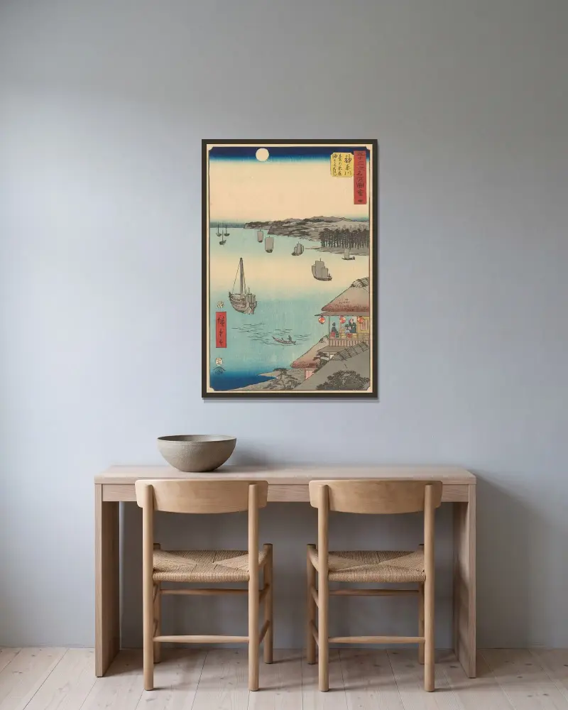 Kanagawa, 1855 av Utagawa Hiroshige inramad på en vägg
