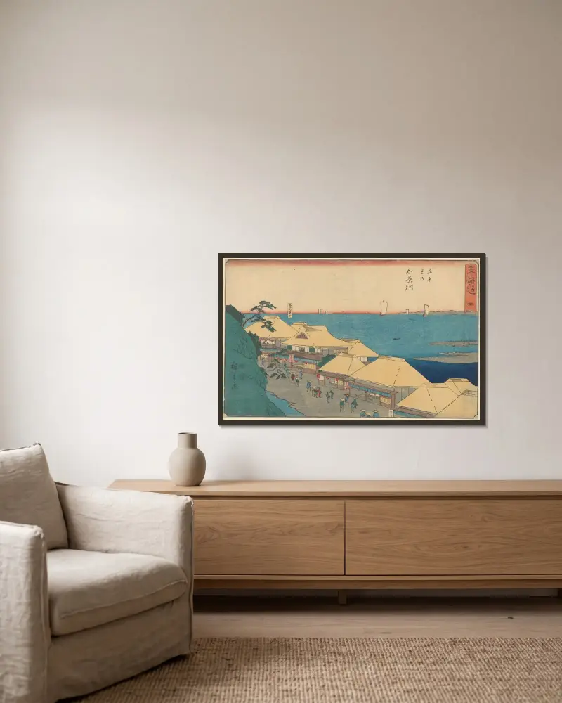 Kanagawa, Edo; hus vid floden av Utagawa Hiroshige inramad på en vägg