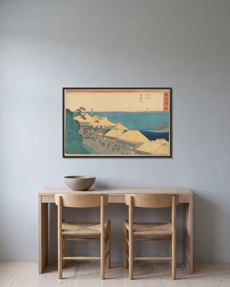 Kanagawa, Edo; hus vid floden av Utagawa Hiroshige inramad på en vägg