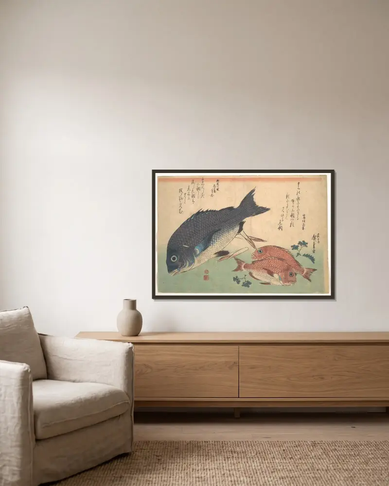 Kurodai och kodai-fisk med bambuskott och bär av Utagawa Hiroshige inramad på en vägg