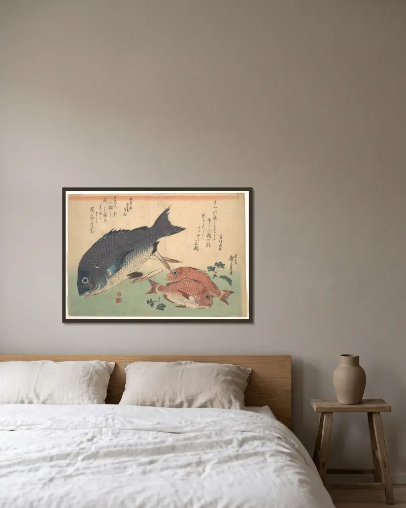 Kurodai och kodai-fisk med bambuskott och bär av Utagawa Hiroshige inramad på en vägg