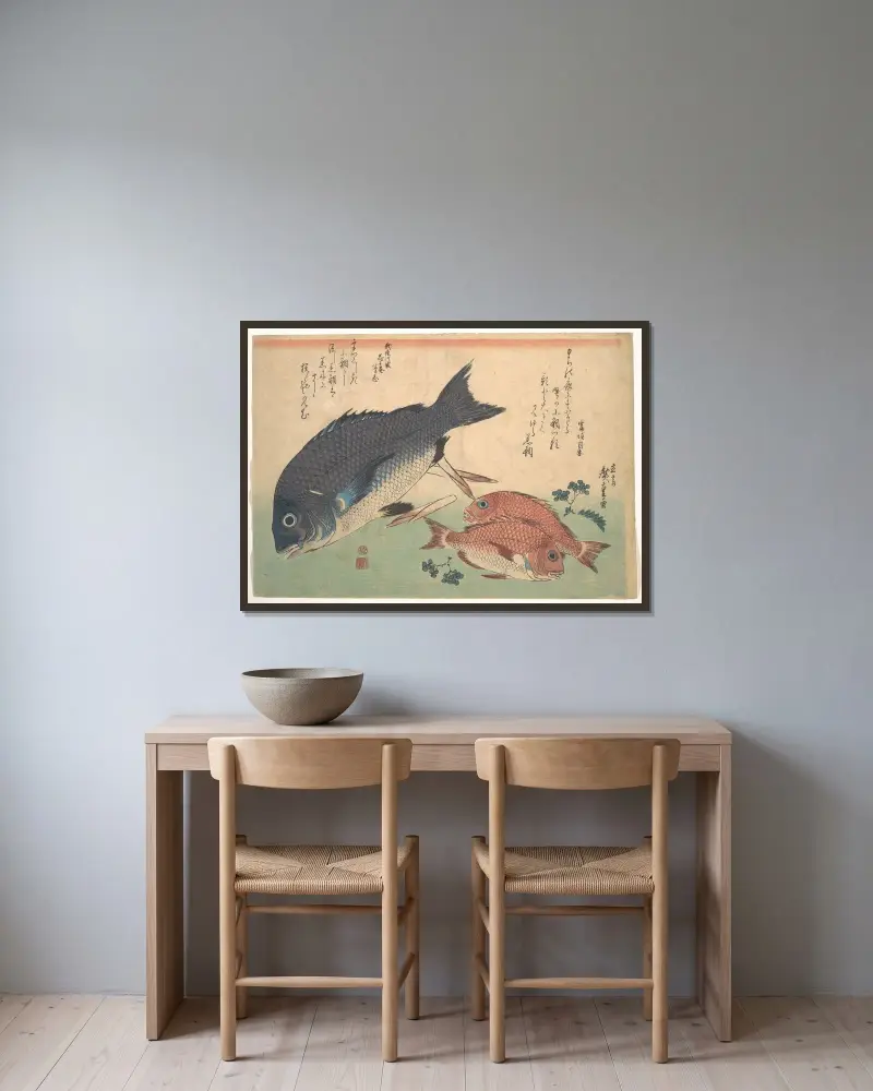 Kurodai och kodai-fisk med bambuskott och bär av Utagawa Hiroshige inramad på en vägg