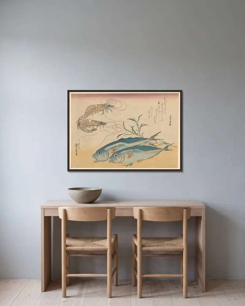 Kuruma-Garnelen, Aji-Garnelen und Stachelmakrelen von Utagawa Hiroshige gerahmt an einer Wand