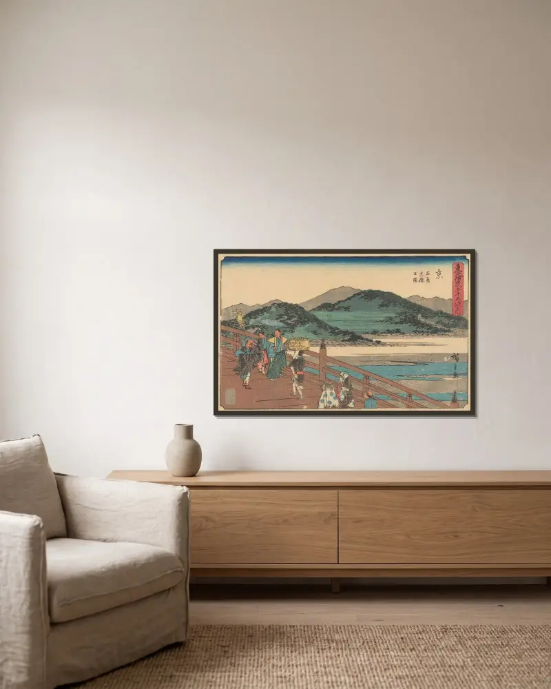Kyoto, 1841 av Utagawa Hiroshige inramad på en vägg