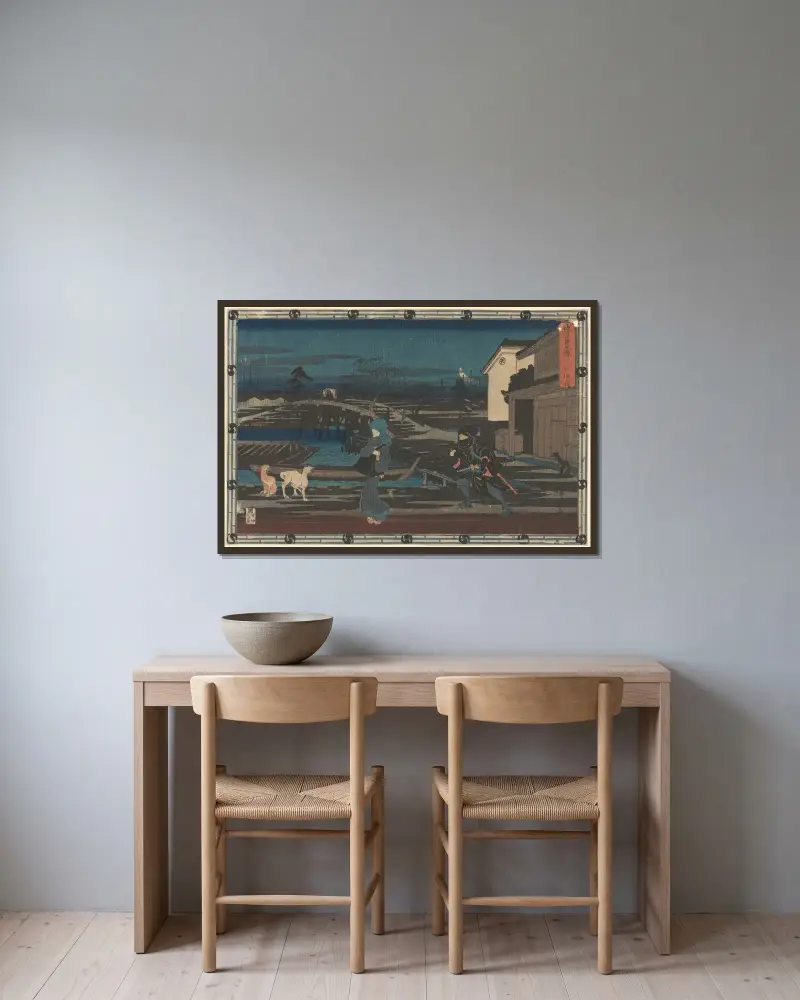 Noční přepadení z Čúšingury (Honzó), Utagawa Hiroshige v rámu na stěně