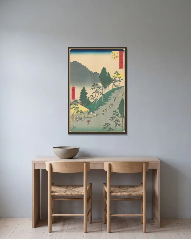 Nissaka, 1855 av Utagawa Hiroshige inramad på en vägg