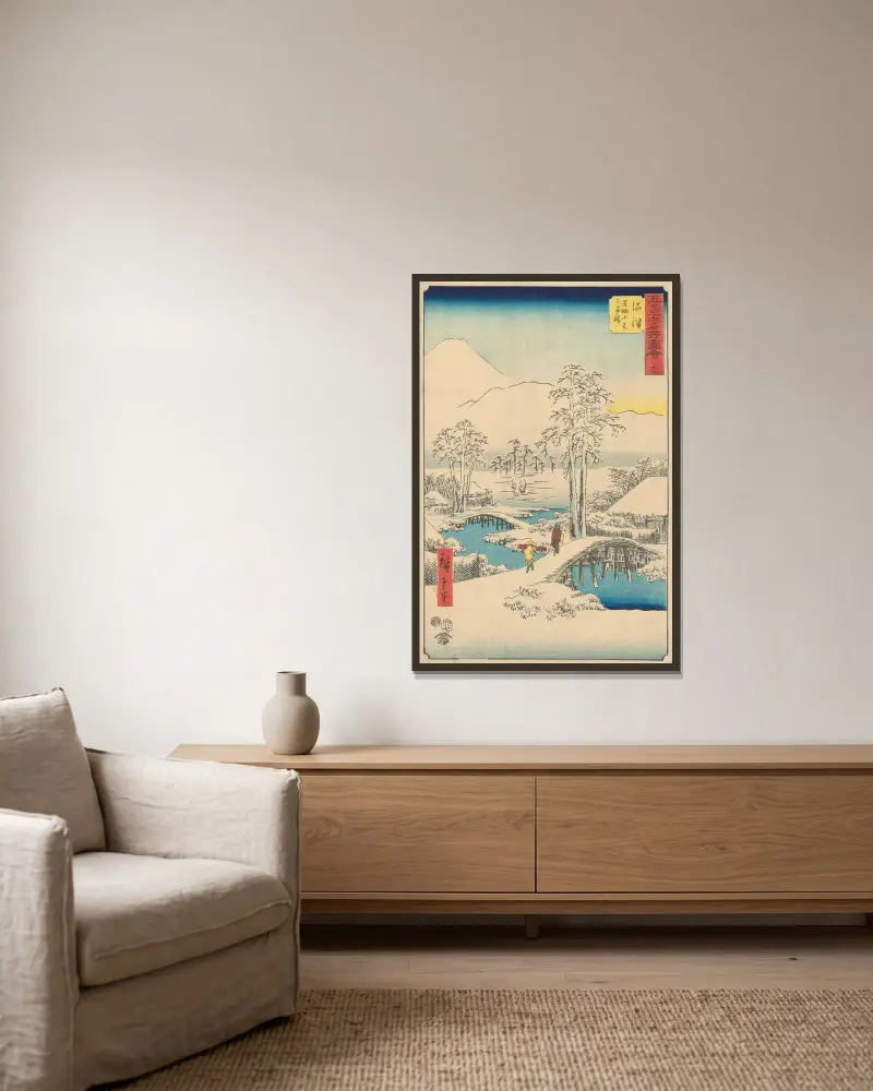 Numazu, 1855 av Utagawa Hiroshige inramad på en vägg