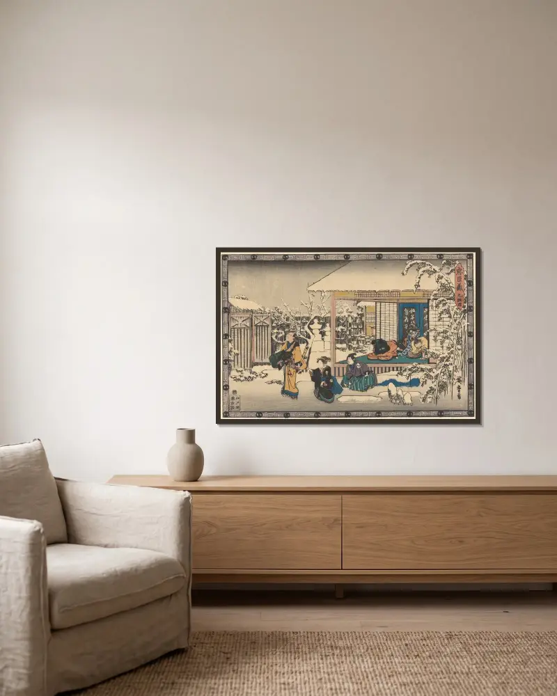 Oishi lämnar hemmet i snö av Utagawa Hiroshige inramad på en vägg