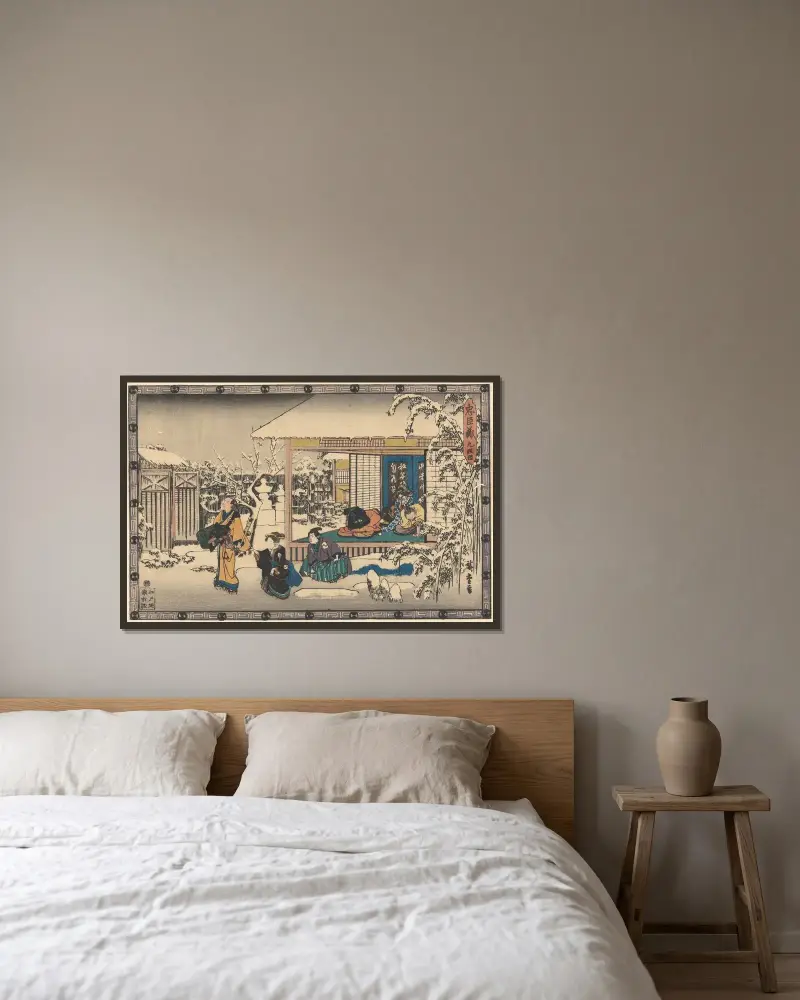 Oishi lämnar hemmet i snö av Utagawa Hiroshige inramad på en vägg