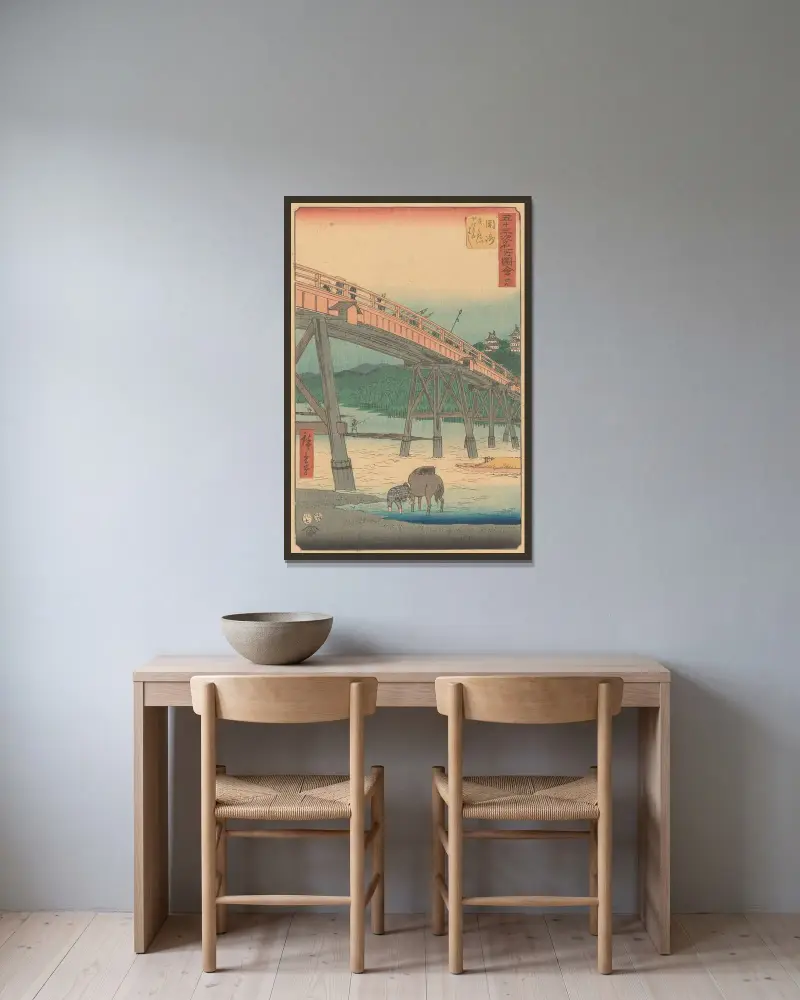 Okazaki, 1855 av Utagawa Hiroshige inramad på en vägg