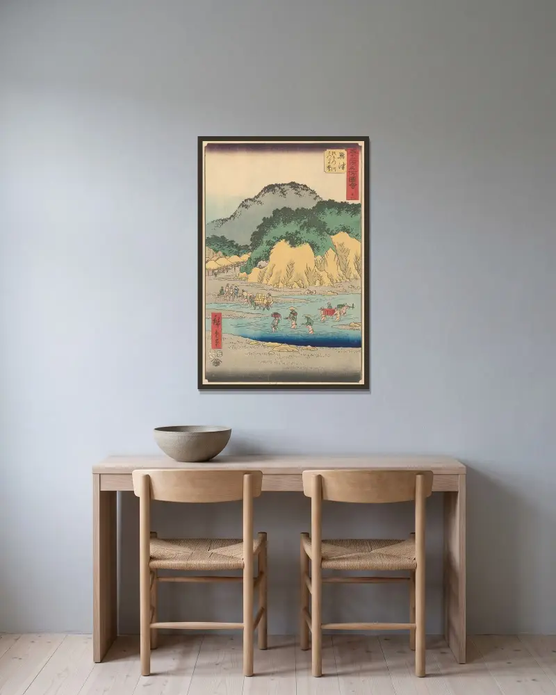 Okitsu, 1855 av Utagawa Hiroshige inramad på en vägg